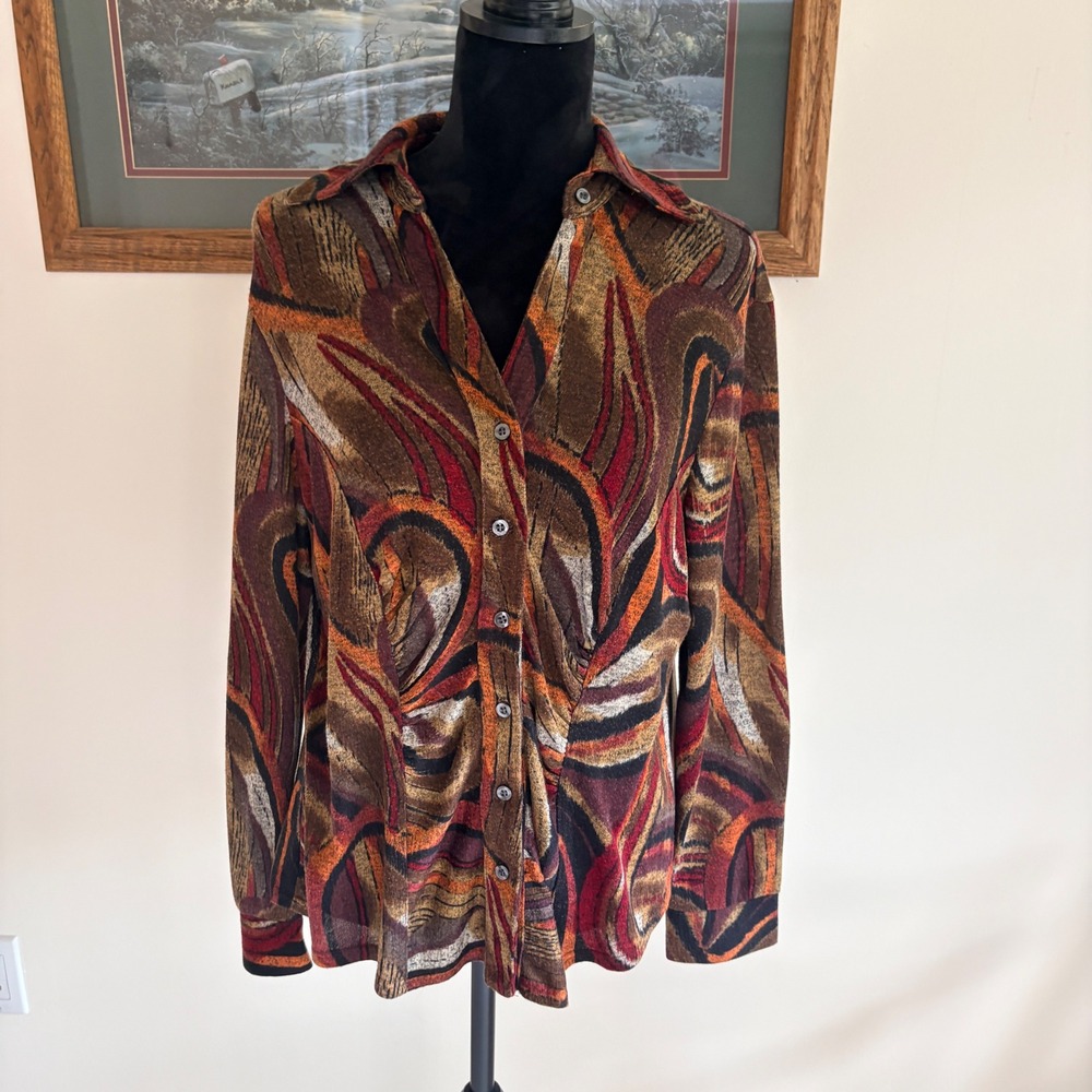 Boho Chic Abstract Print Blouse Womens XL Brown Orange Button Down Stretch Top